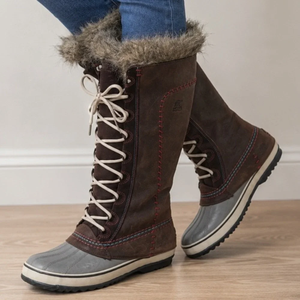 Sorel Tofino Brown Leather Waterproof Tall Winter‎ Snow Boots Faux Fur Trim 7.5